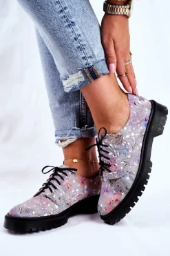 Półbuty Skórzane>Maciejka Damskie Półbuty Oxfordy Popiel Skórzane 04087-13