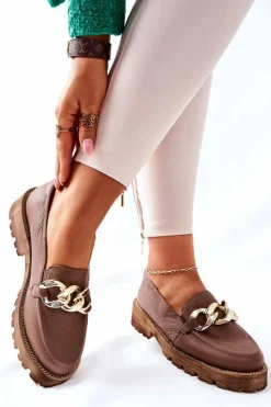 New Damskie Półbuty Skórzane Loafery Brązowe Sthonto Damskie Półbuty Skórzane