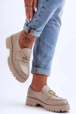 Outlet Laura Messi Damskie Półbuty Skórzane Z Ozdobą Beżowe Rosefalls Beżowy