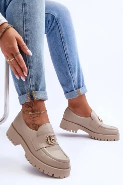 Outlet Laura Messi Damskie Półbuty Skórzane Z Ozdobą Beżowe Rosefalls Beżowy