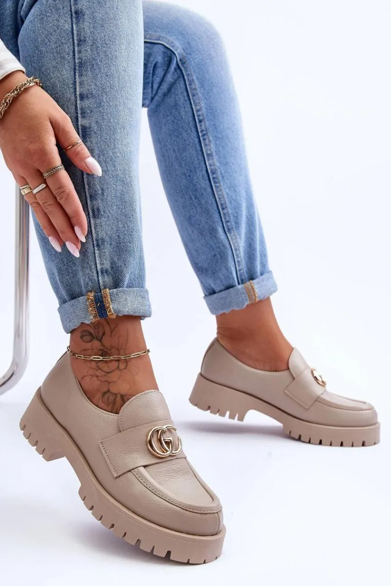 Outlet Laura Messi Damskie Półbuty Skórzane Z Ozdobą Beżowe Rosefalls Beżowy