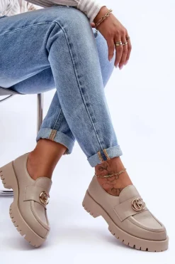 Outlet Laura Messi Damskie Półbuty Skórzane Z Ozdobą Beżowe Rosefalls Beżowy