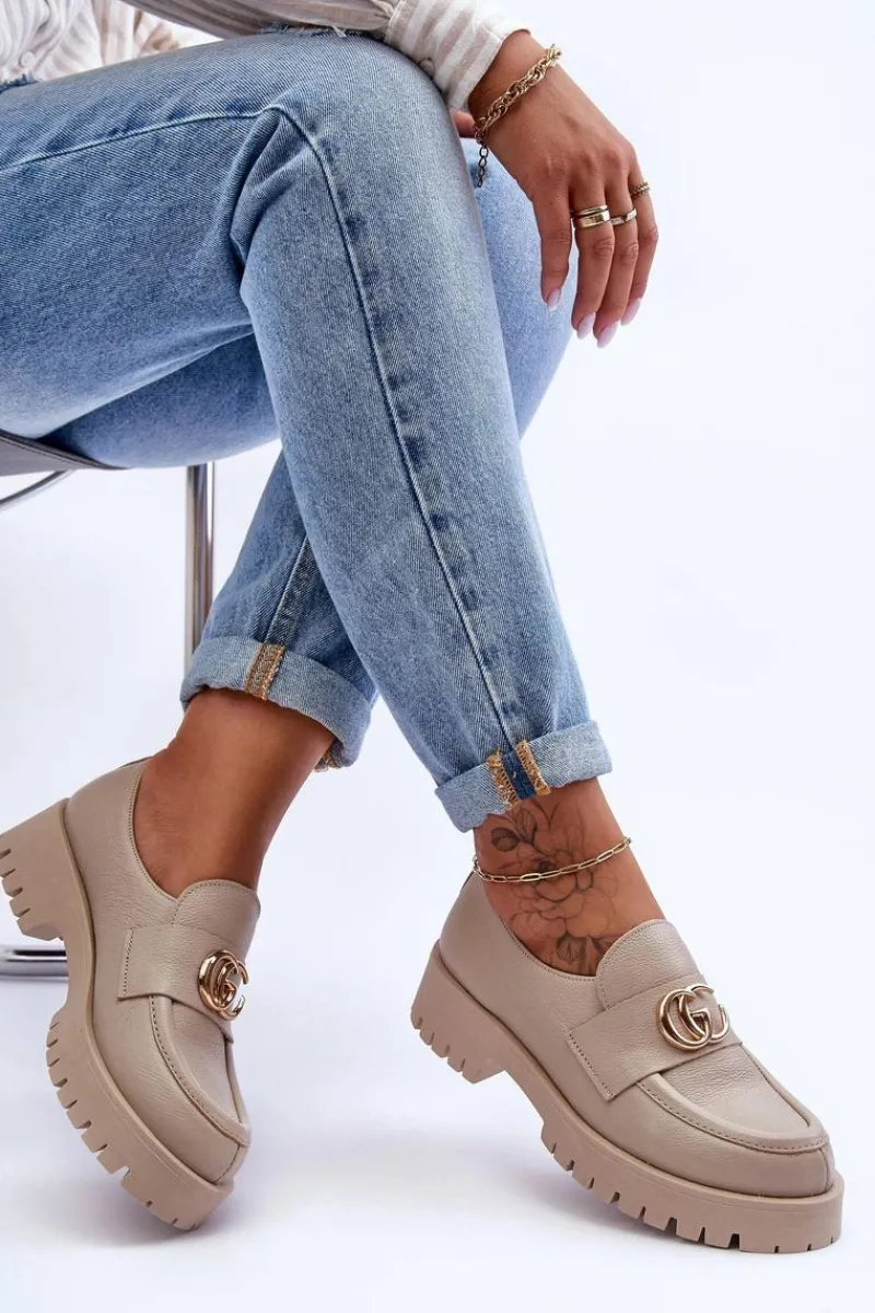 Outlet Laura Messi Damskie Półbuty Skórzane Z Ozdobą Beżowe Rosefalls Beżowy