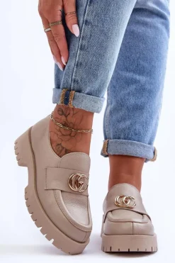 Outlet Laura Messi Damskie Półbuty Skórzane Z Ozdobą Beżowe Rosefalls Beżowy