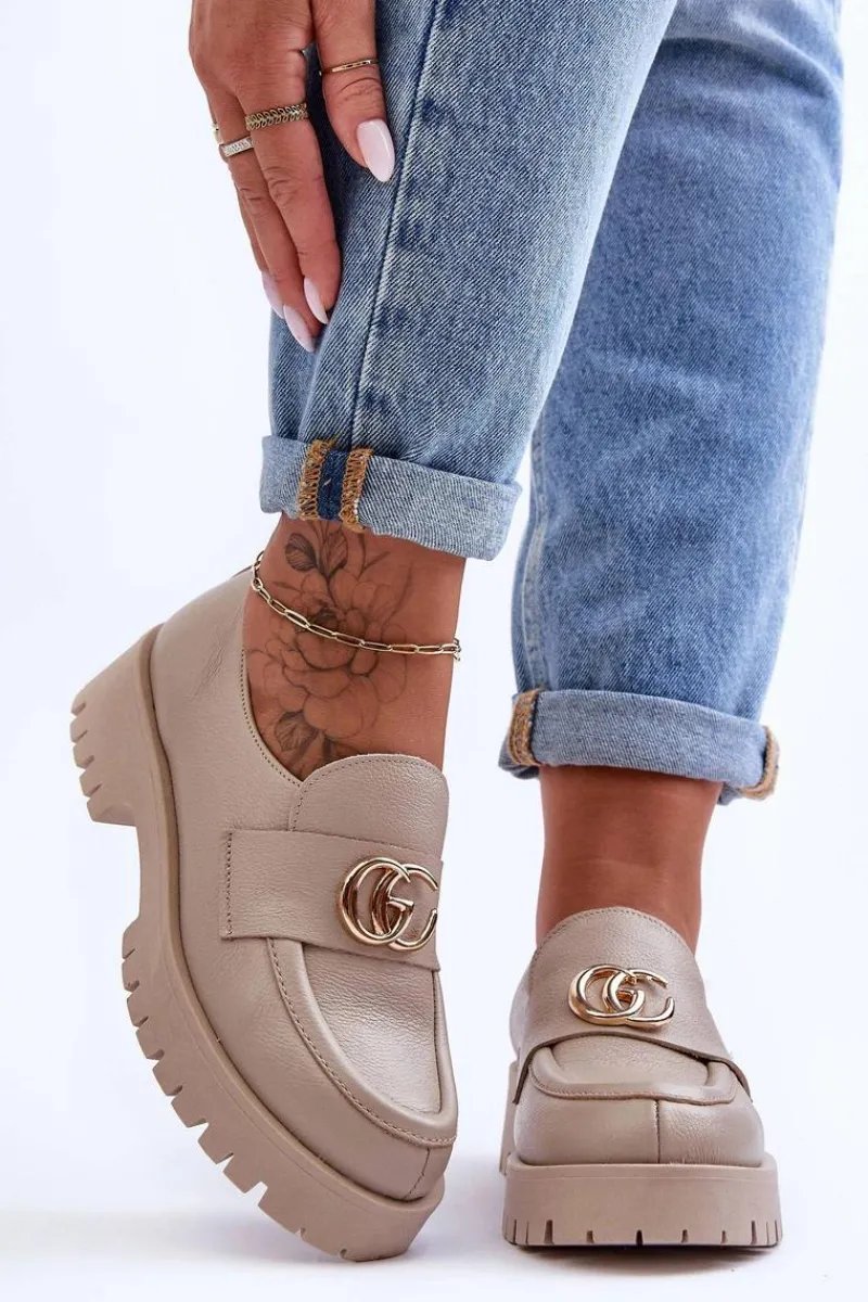 Outlet Laura Messi Damskie Półbuty Skórzane Z Ozdobą Beżowe Rosefalls Beżowy