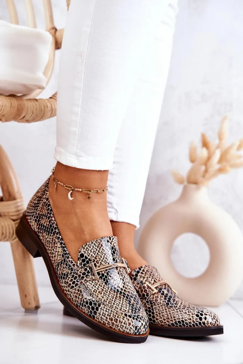 Online Damskie Półbuty Wężowe 2307 Beżowo-Czarne Damskie Półbuty Skórzane|Mokasyny Damskie Skórzane