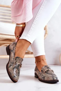 Online Damskie Półbuty Wężowe 2307 Beżowo-Czarne Damskie Półbuty Skórzane|Mokasyny Damskie Skórzane