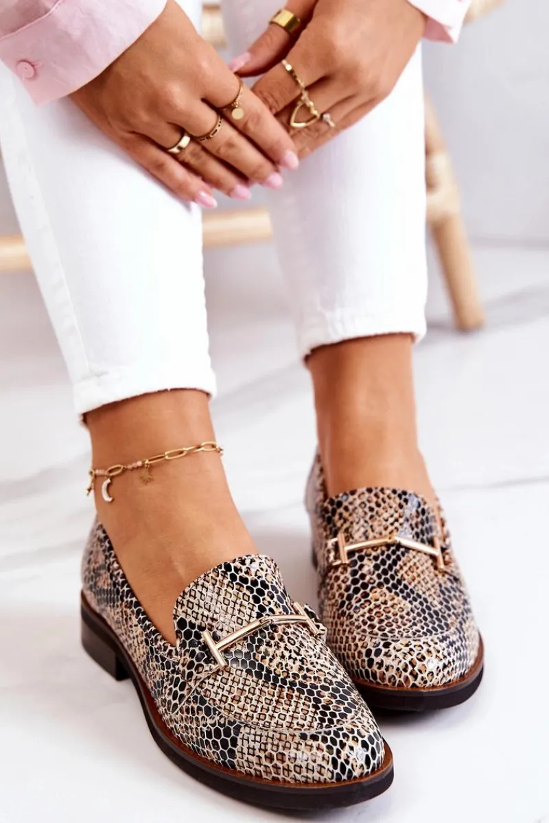 Online Damskie Półbuty Wężowe 2307 Beżowo-Czarne Damskie Półbuty Skórzane|Mokasyny Damskie Skórzane