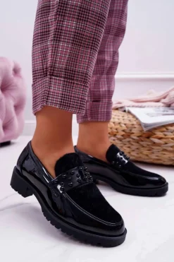 Clearance Boto Damskie Półbuty Wsuwane Lakierowane Czarne Delicious