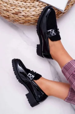 Clearance Boto Damskie Półbuty Wsuwane Lakierowane Czarne Delicious