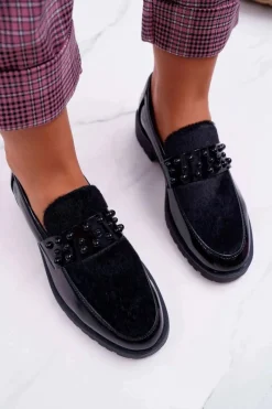 Clearance Boto Damskie Półbuty Wsuwane Lakierowane Czarne Delicious