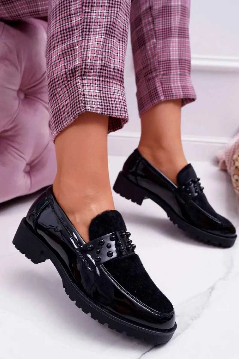 Clearance Boto Damskie Półbuty Wsuwane Lakierowane Czarne Delicious