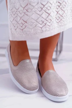 Damskie buty S.Barski Damskie Półbuty Wsuwane Skórzane Lordsy Złote Lordi