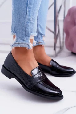 Outlet Boto Damskie Półbuty Wsuwane Skórzane Lordsy Czarne Dynasty