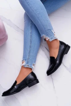 Outlet Boto Damskie Półbuty Wsuwane Skórzane Lordsy Czarne Dynasty