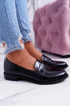 Outlet Boto Damskie Półbuty Wsuwane Skórzane Lordsy Czarne Dynasty