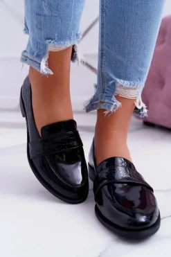 Outlet Boto Damskie Półbuty Wsuwane Skórzane Lordsy Czarne Dynasty