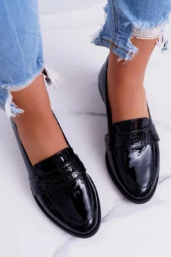 Outlet Boto Damskie Półbuty Wsuwane Skórzane Lordsy Czarne Dynasty