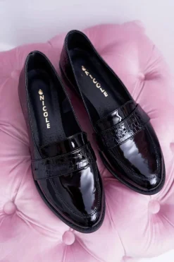 Outlet Boto Damskie Półbuty Wsuwane Skórzane Lordsy Czarne Dynasty