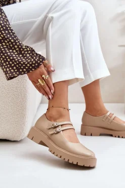 Półbuty Skórzane>Boto Damskie Półbuty Z Paskami Beżowe Rialuna