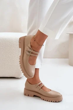 Półbuty Skórzane>Boto Damskie Półbuty Z Paskami Beżowe Rialuna