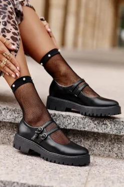 New Damskie Półbuty Z Paskami Czarne Rialuna Damskie Półbuty Skórzane