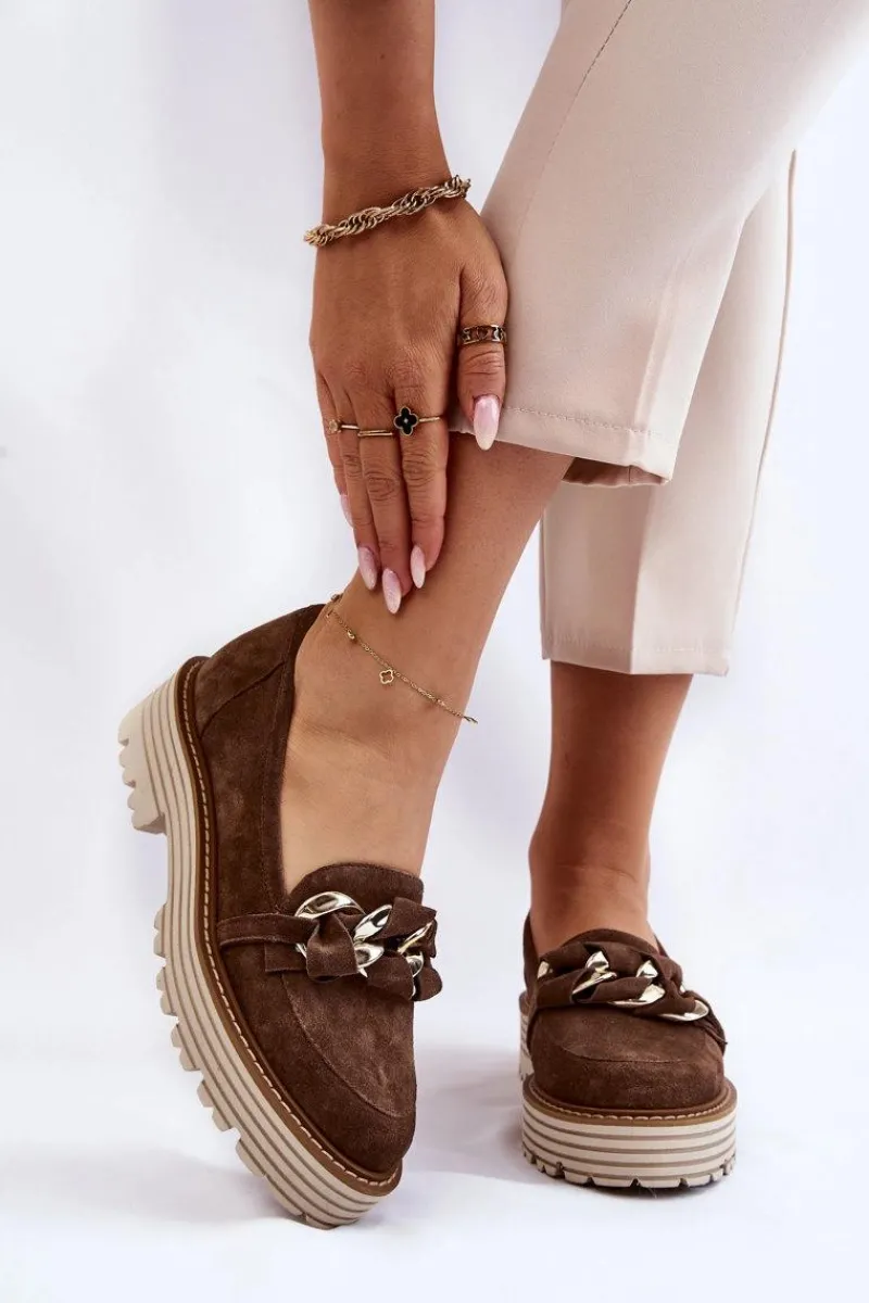 Sale Damskie Półbuty Zamszowe 2523 Brązowe Damskie Półbuty Skórzane|Mokasyny Damskie Zamszowe