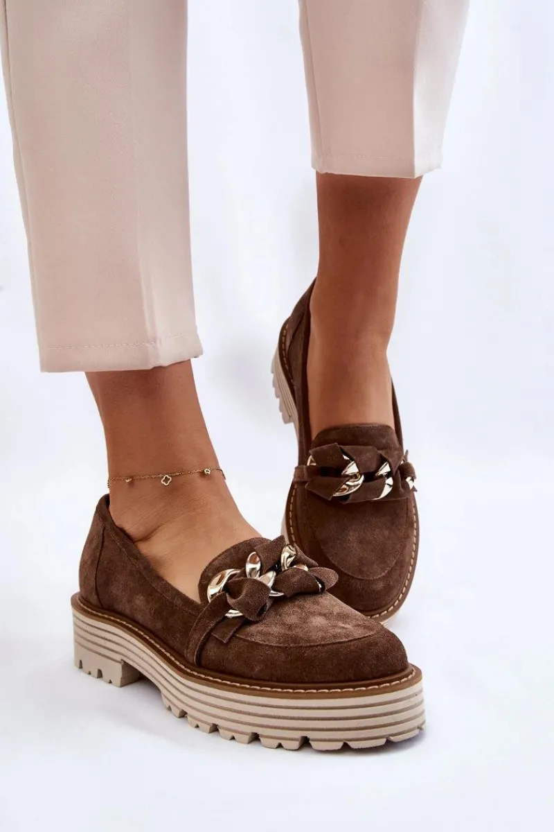 Sale Damskie Półbuty Zamszowe 2523 Brązowe Damskie Półbuty Skórzane|Mokasyny Damskie Zamszowe