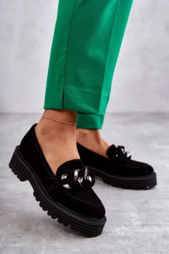 Clearance Damskie Półbuty Zamszowe 2523 Czarne Damskie Półbuty Skórzane|Mokasyny Damskie Zamszowe