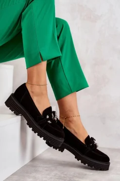 Clearance Damskie Półbuty Zamszowe 2523 Czarne Damskie Półbuty Skórzane|Mokasyny Damskie Zamszowe