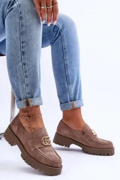 Sale Laura Messi Damskie Półbuty Zamszowe Z Ozdobą Ciemnobeżowe Rosefalls Beżowy