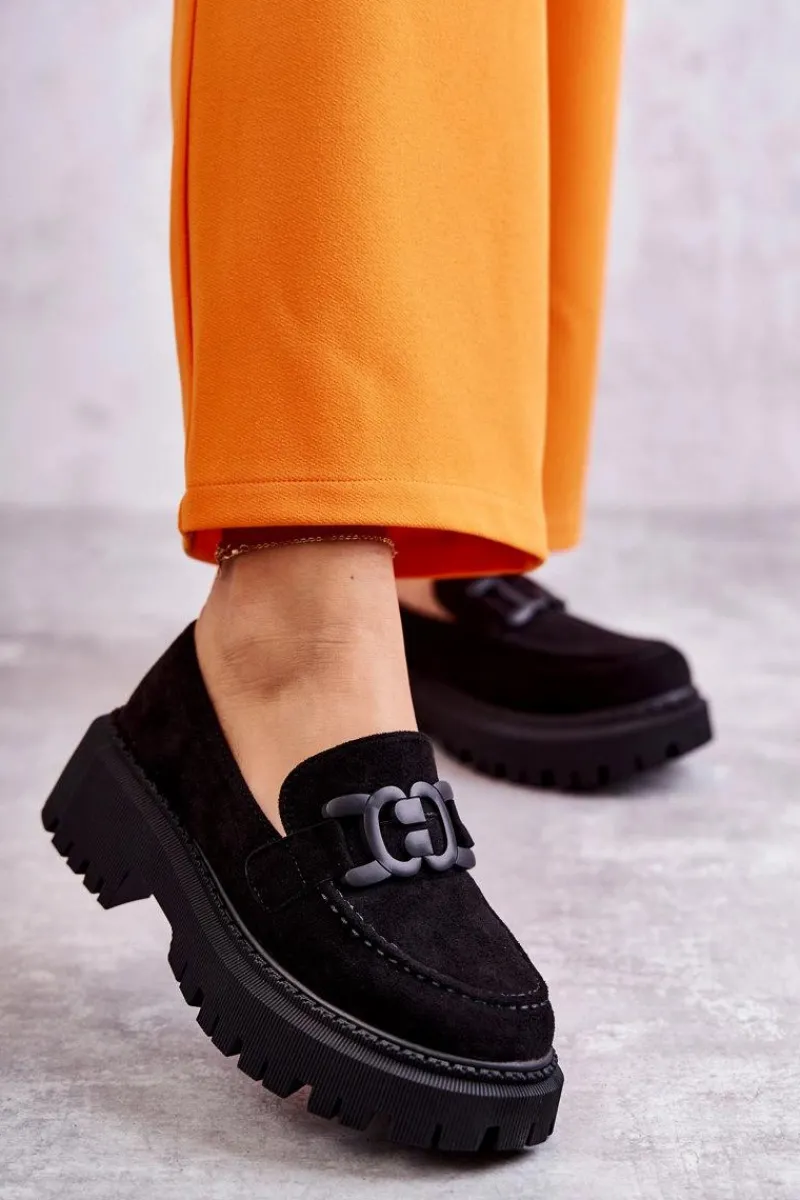 Boto Damskie Półbuty Zamszowe Z Ozdobą Czarne Leeza