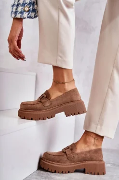 Sale Boto Damskie Półbuty Zamszowe Z Ozdobą Ciemnobeżowe Leeza