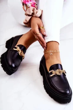 Półbuty Skórzane|Mokasyny Damskie Skórzane>Laura Messi Damskie Półbuty Złota Ozdoba Skórzane 2383 Czarne