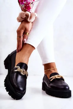 Półbuty Skórzane|Mokasyny Damskie Skórzane></noscript>Laura Messi Damskie Półbuty Złota Ozdoba Skórzane 2383 Czarne