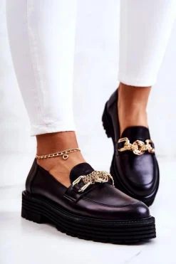 Półbuty Skórzane|Mokasyny Damskie Skórzane></noscript>Laura Messi Damskie Półbuty Złota Ozdoba Skórzane 2383 Czarne