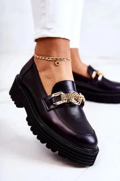 Półbuty Skórzane|Mokasyny Damskie Skórzane></noscript>Laura Messi Damskie Półbuty Złota Ozdoba Skórzane 2383 Czarne