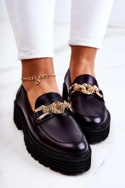 Półbuty Skórzane|Mokasyny Damskie Skórzane></noscript>Laura Messi Damskie Półbuty Złota Ozdoba Skórzane 2383 Czarne