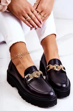 Półbuty Skórzane|Mokasyny Damskie Skórzane></noscript>Laura Messi Damskie Półbuty Złota Ozdoba Skórzane 2383 Czarne