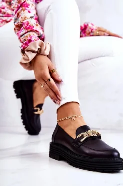 Półbuty Skórzane|Mokasyny Damskie Skórzane></noscript>Laura Messi Damskie Półbuty Złota Ozdoba Skórzane 2383 Czarne