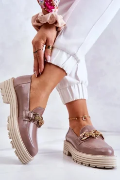 Półbuty Skórzane|Mokasyny Damskie Skórzane>Laura Messi Damskie Półbuty Złota Ozdoba Skórzane 2383 Ciemny Beż