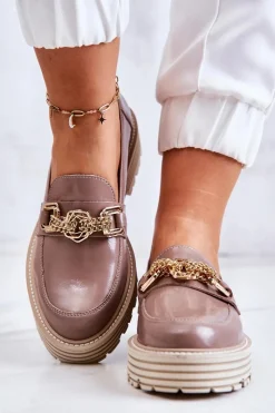 Półbuty Skórzane|Mokasyny Damskie Skórzane>Laura Messi Damskie Półbuty Złota Ozdoba Skórzane 2383 Ciemny Beż