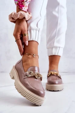 Półbuty Skórzane|Mokasyny Damskie Skórzane></noscript>Laura Messi Damskie Półbuty Złota Ozdoba Skórzane 2383 Ciemny Beż