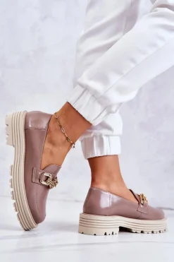 Półbuty Skórzane|Mokasyny Damskie Skórzane></noscript>Laura Messi Damskie Półbuty Złota Ozdoba Skórzane 2383 Ciemny Beż