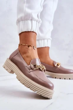 Półbuty Skórzane|Mokasyny Damskie Skórzane></noscript>Laura Messi Damskie Półbuty Złota Ozdoba Skórzane 2383 Ciemny Beż