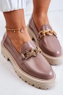 Półbuty Skórzane|Mokasyny Damskie Skórzane></noscript>Laura Messi Damskie Półbuty Złota Ozdoba Skórzane 2383 Ciemny Beż