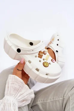 New Damskie Piankowe Klapki Kroksy Z Ozdobami Białe Marlett Damskie Klapki Basenowe|Klapki Na Platformie