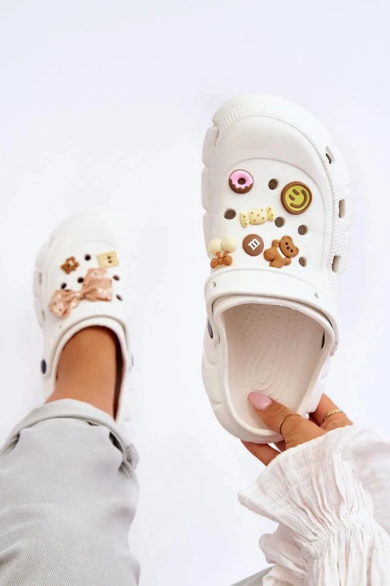 New Damskie Piankowe Klapki Kroksy Z Ozdobami Białe Marlett Damskie Klapki Basenowe|Klapki Na Platformie