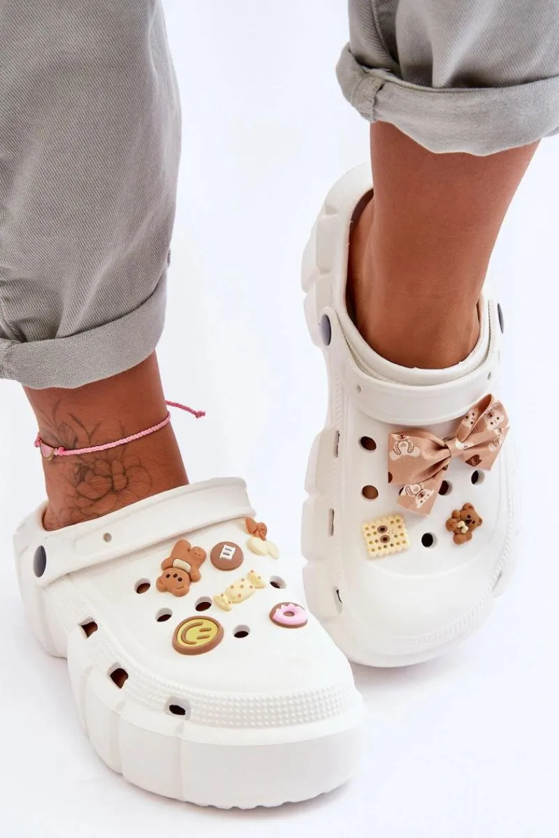 New Damskie Piankowe Klapki Kroksy Z Ozdobami Białe Marlett Damskie Klapki Basenowe|Klapki Na Platformie