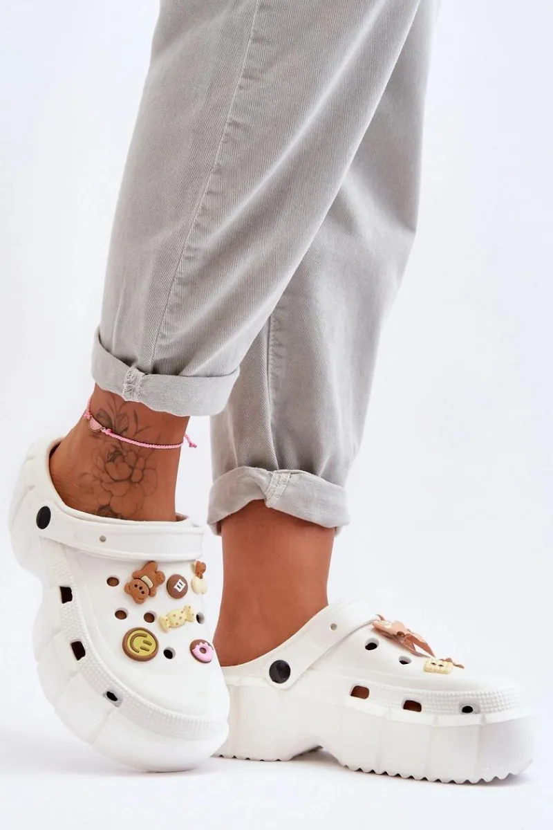 New Damskie Piankowe Klapki Kroksy Z Ozdobami Białe Marlett Damskie Klapki Basenowe|Klapki Na Platformie